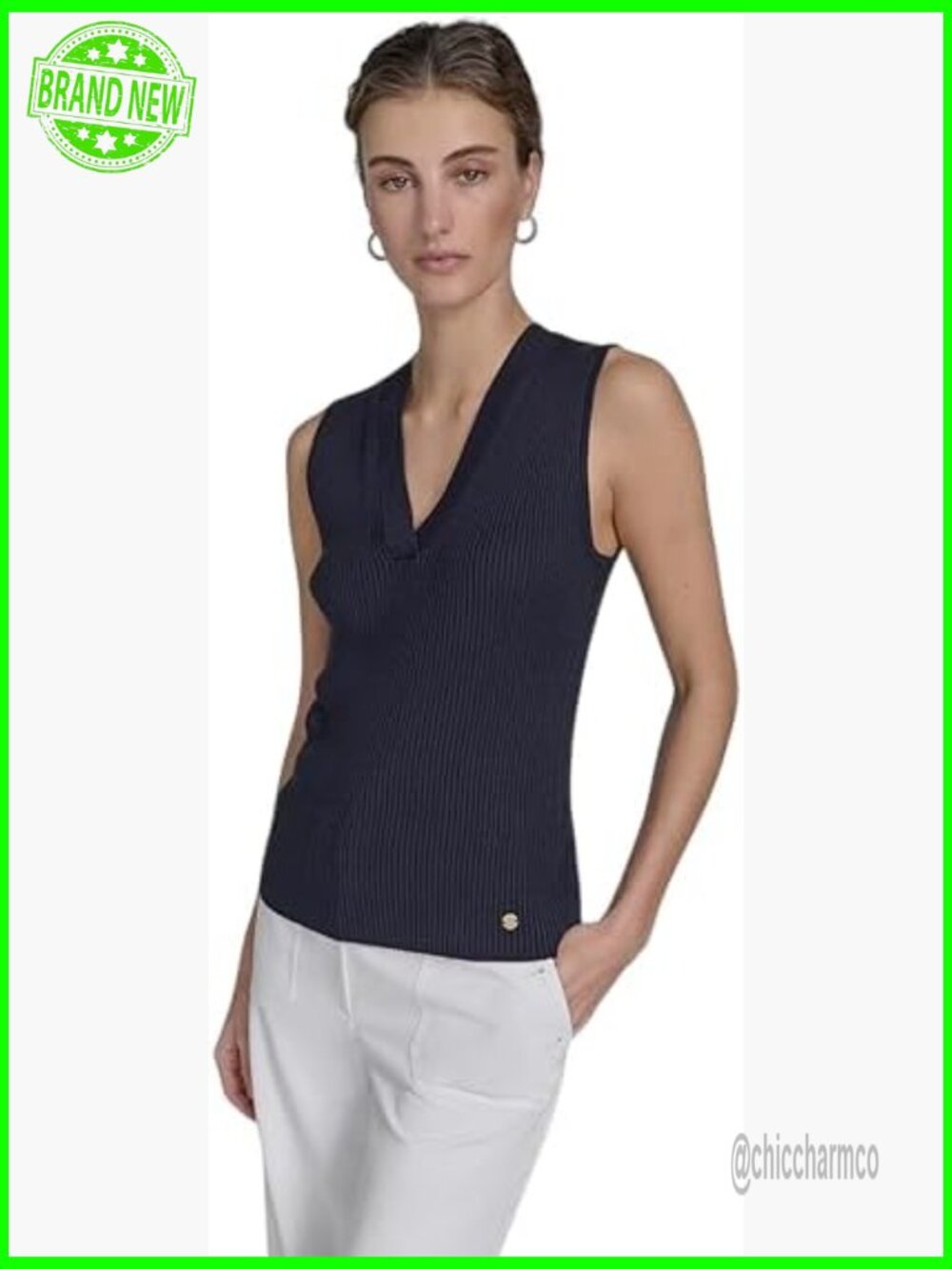 Sleeveless V-Neck Ribbed Top Regular Fit Tank Top